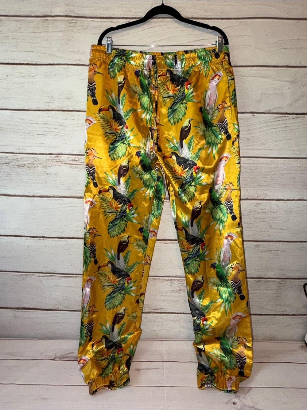 MAD Engine Yellow Tropical-Print Satin Joggers/Loungewear Size Extra Large